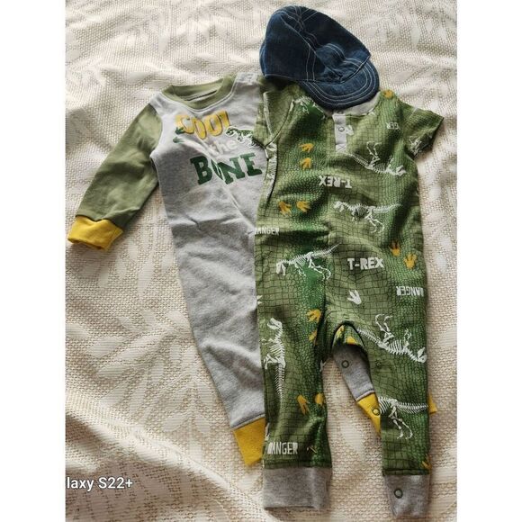 NWT 2 Carters dinosaur baby boy one piece outfits, denim hat, and fluffy booties - Picture 7 of 9